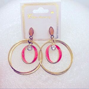Earrings Hoops Crystal Pink and Gold. Pierced